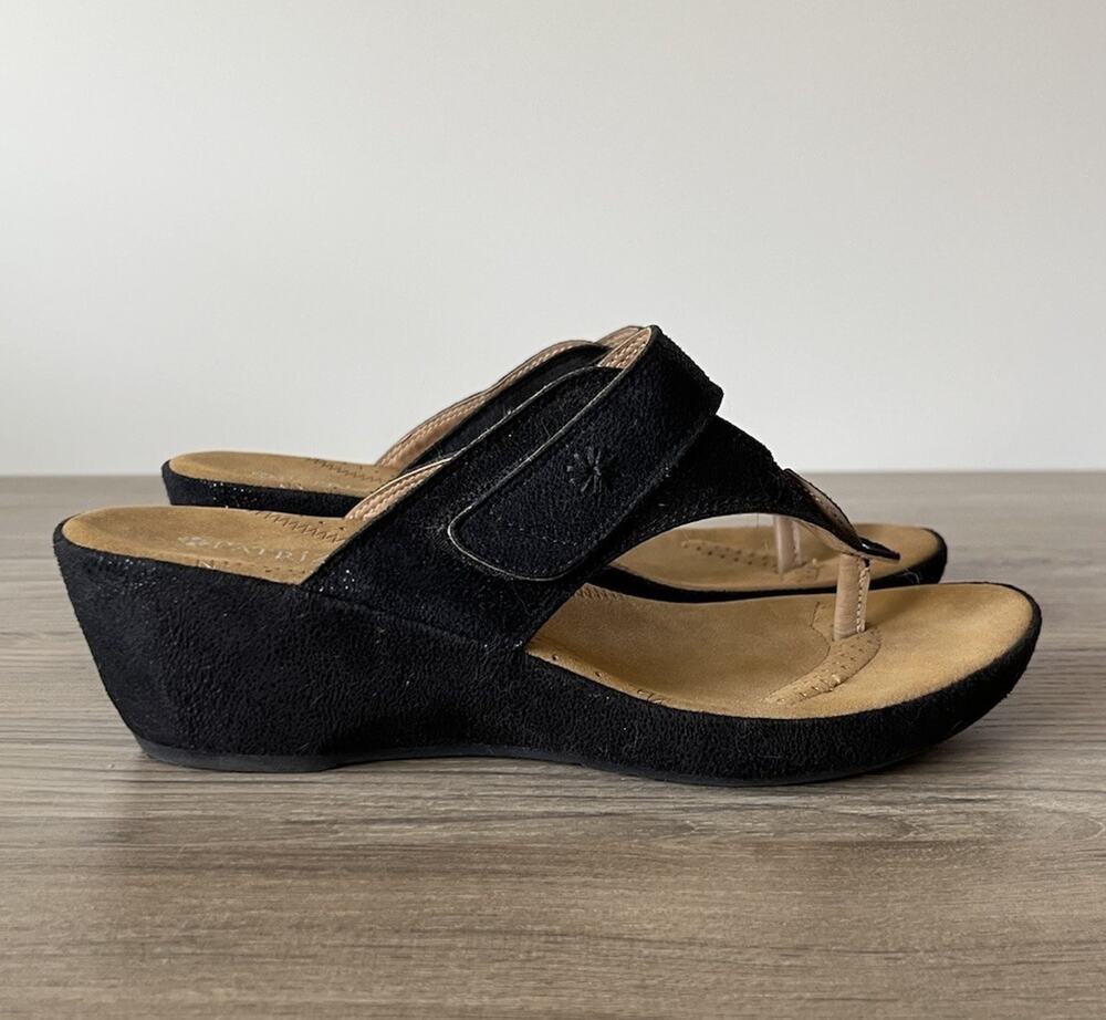 Patrizia Thong Sandals Slip On Slides Black Suede Wedge Heel EU39 US 8